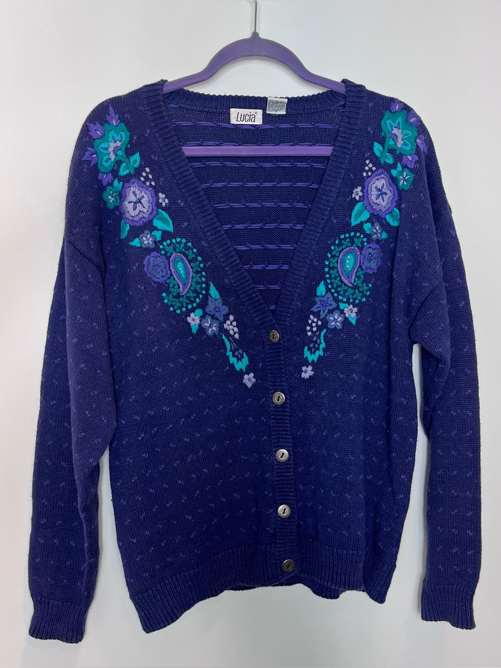 Vintage Lucia Cardigan Sweater Button‎ Front Floral Embroidered Blue XL